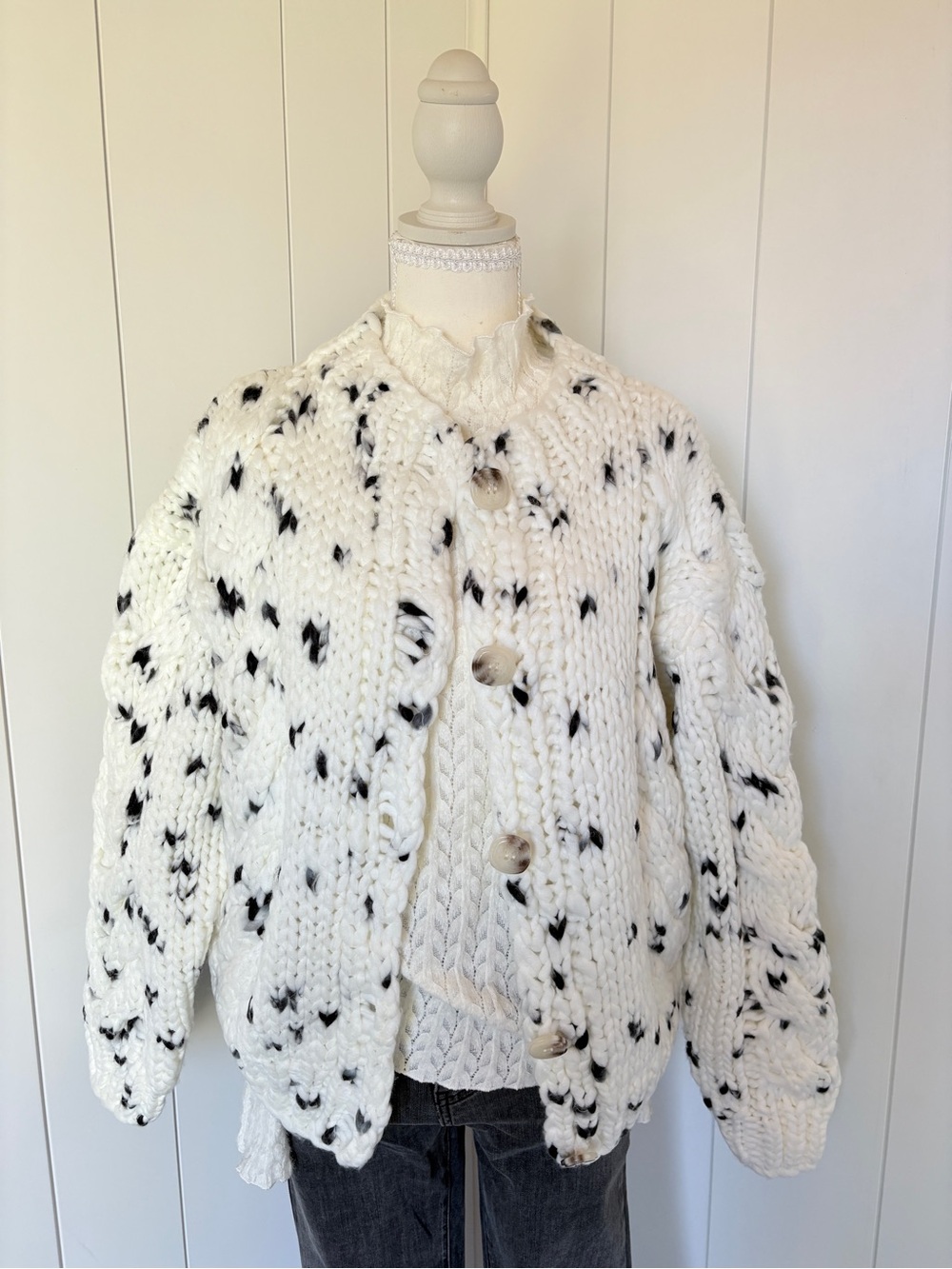 Cozy White Speckled Teddy Jacket with Button Front